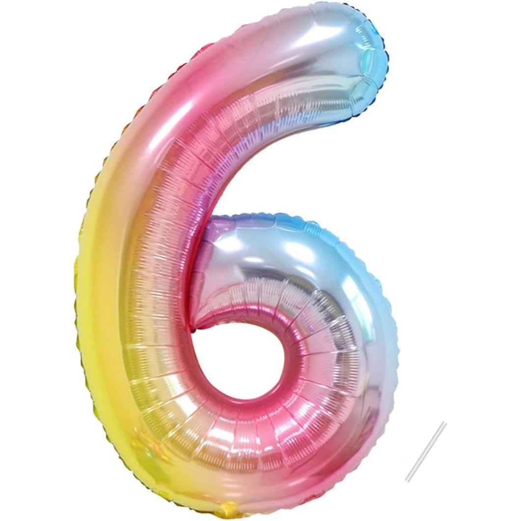 Balon din Folie Metalizata Gradient Flippy, Figurina Cifra, Tema Aniversare 100 cm, Ambalaj Individual, Pai inclus, Umflare cu Aer sau Heliu, Multicolor, Cifra 6-6