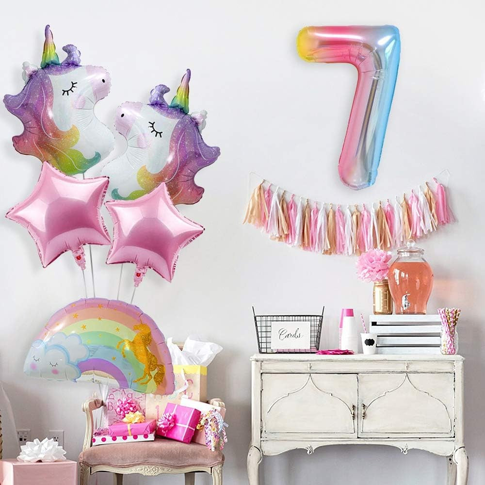 Balon din Folie Metalizata Gradient Flippy, Figurina Cifra, Tema Aniversare 100 cm, Ambalaj Individual, Pai inclus, Umflare cu Aer sau Heliu, Multicolor, Cifra 7-1