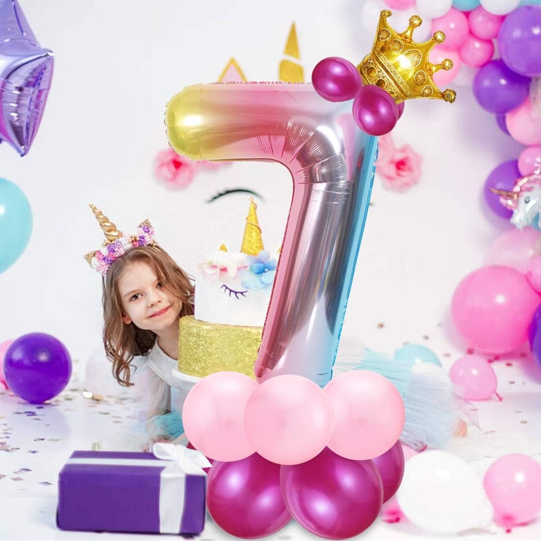Balon din Folie Metalizata Gradient Flippy, Figurina Cifra, Tema Aniversare 100 cm, Ambalaj Individual, Pai inclus, Umflare cu Aer sau Heliu, Multicolor, Cifra 7-4