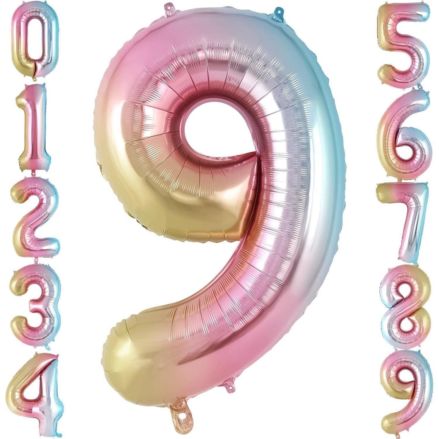 Balon din Folie Metalizata Gradient Flippy, Figurina Cifra, Tema Aniversare 100 cm, Ambalaj Individual, Pai inclus, Umflare cu Aer sau Heliu, Multicolor, Cifra 9-1