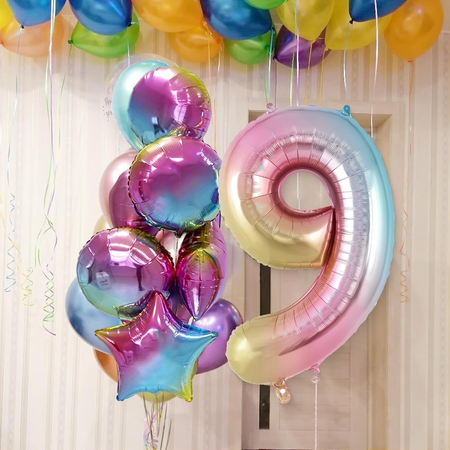 Balon din Folie Metalizata Gradient Flippy, Figurina Cifra, Tema Aniversare 100 cm, Ambalaj Individual, Pai inclus, Umflare cu Aer sau Heliu, Multicolor, Cifra 9-2