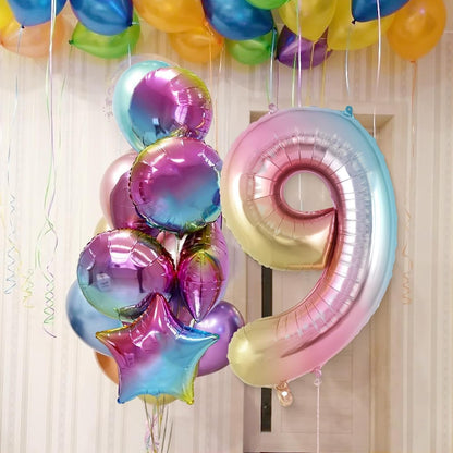Balon din Folie Metalizata Gradient Flippy, Figurina Cifra, Tema Aniversare 100 cm, Ambalaj Individual, Pai inclus, Umflare cu Aer sau Heliu, Multicolor, Cifra 9-2