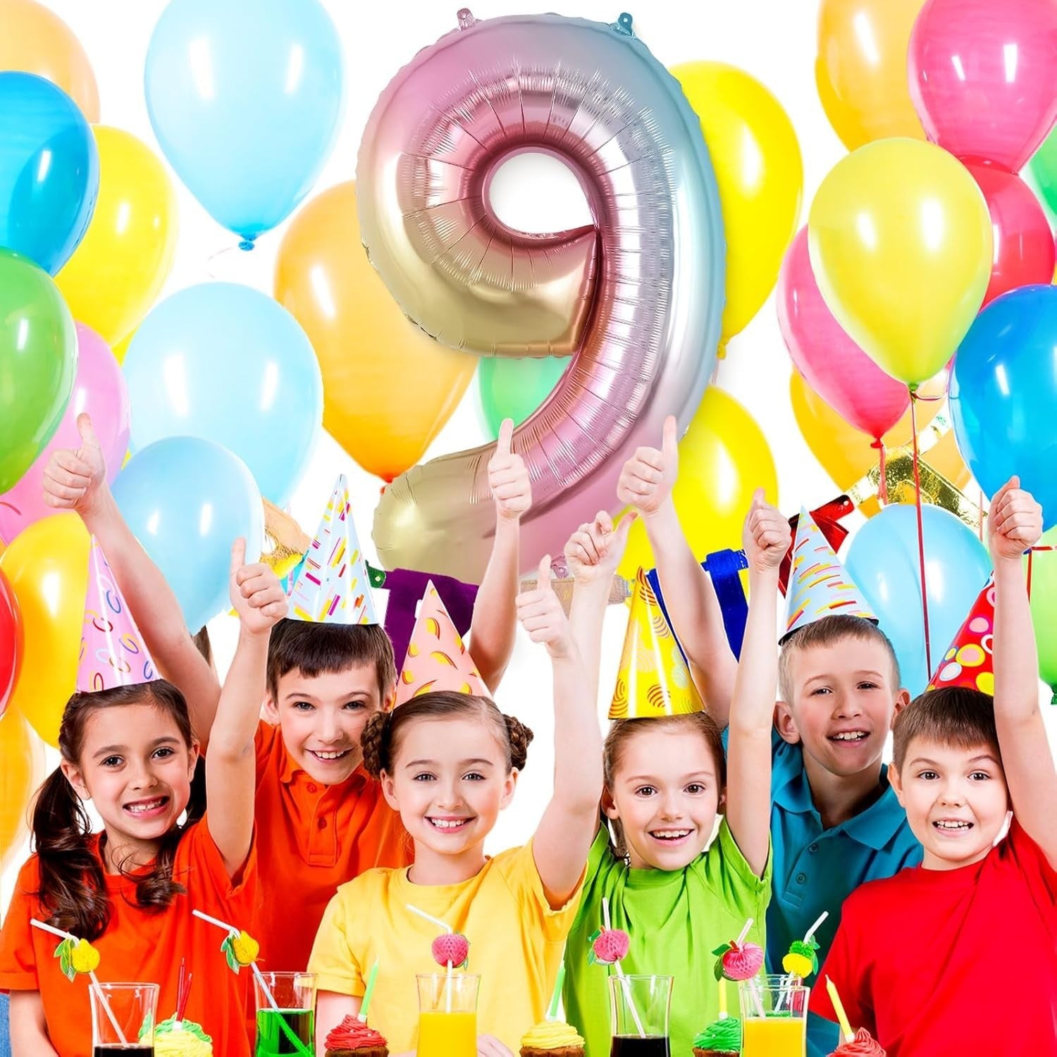 Balon din Folie Metalizata Gradient Flippy, Figurina Cifra, Tema Aniversare 100 cm, Ambalaj Individual, Pai inclus, Umflare cu Aer sau Heliu, Multicolor, Cifra 9-3