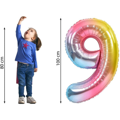 Balon din Folie Metalizata Gradient Flippy, Figurina Cifra, Tema Aniversare 100 cm, Ambalaj Individual, Pai inclus, Umflare cu Aer sau Heliu, Multicolor, Cifra 9-6