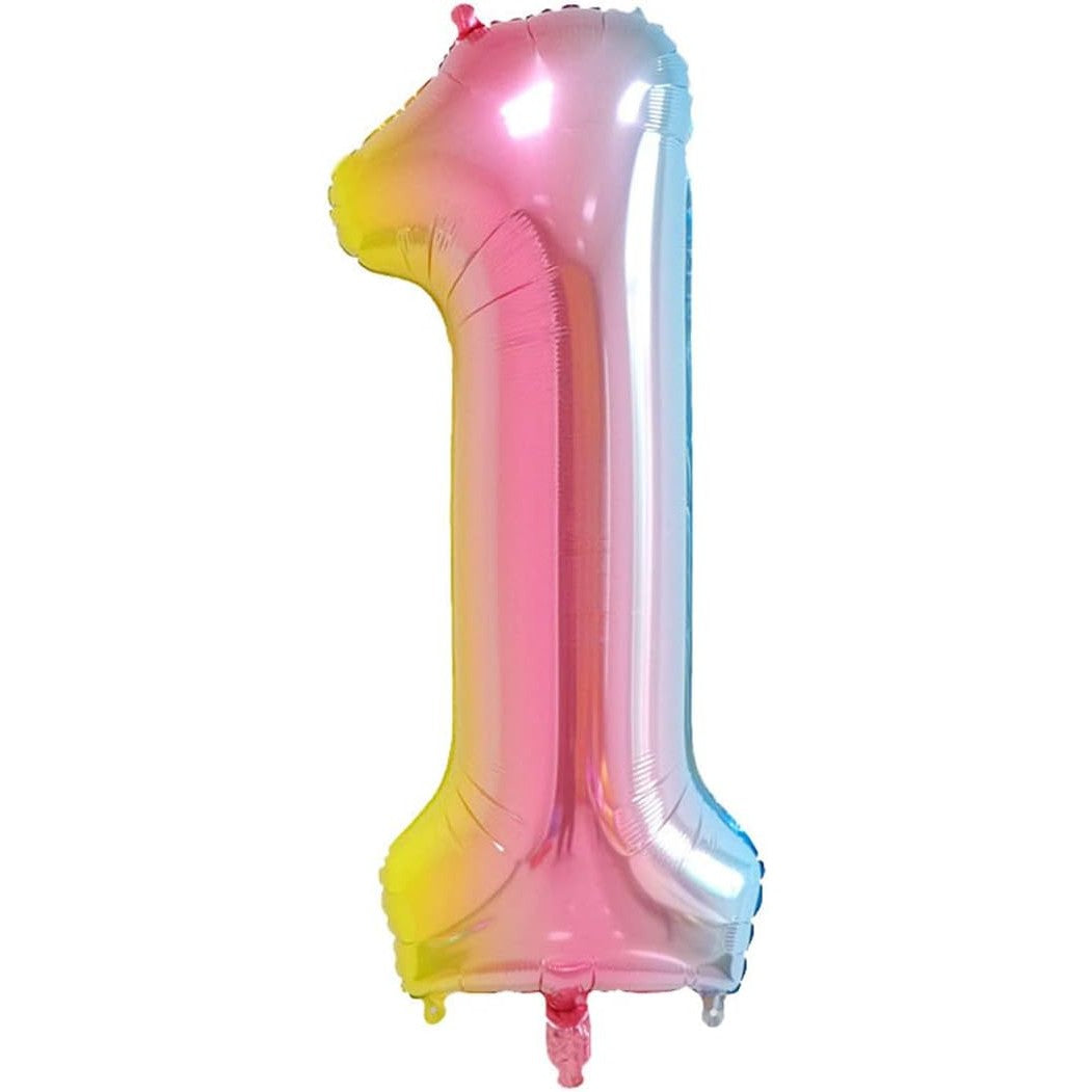 Balon din Folie Metalizata Gradient Flippy, Figurina Cifra, Tema Aniversare 100 cm, Ambalaj Individual, Pai inclus, Umflare cu Aer sau Heliu, Multicolor, Cifra 1-0