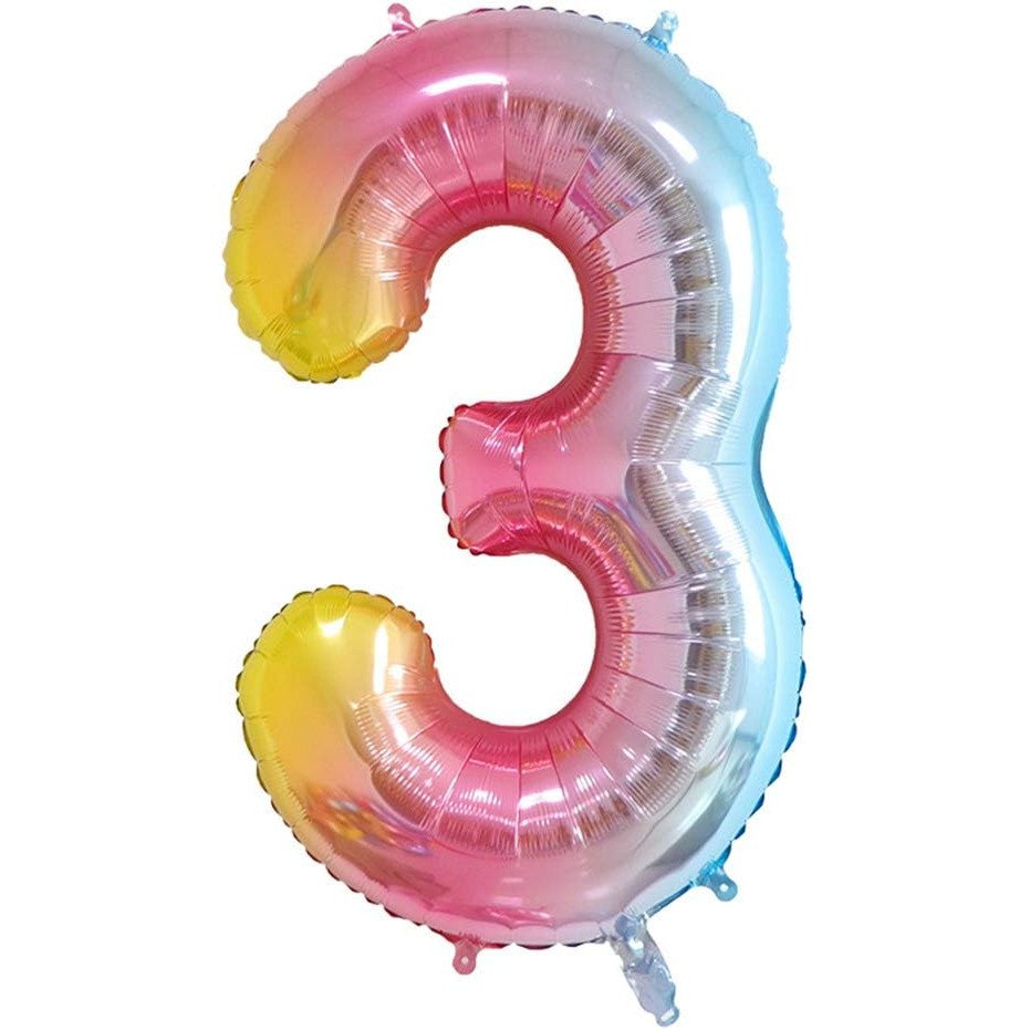 Balon din Folie Metalizata Gradient Flippy, Figurina Cifra, Tema Aniversare 100 cm, Ambalaj Individual, Pai inclus, Umflare cu Aer sau Heliu, Multicolor, Cifra 3-0