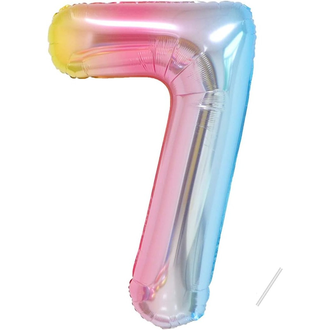 Balon din Folie Metalizata Gradient Flippy, Figurina Cifra, Tema Aniversare 100 cm, Ambalaj Individual, Pai inclus, Umflare cu Aer sau Heliu, Multicolor, Cifra 7-0