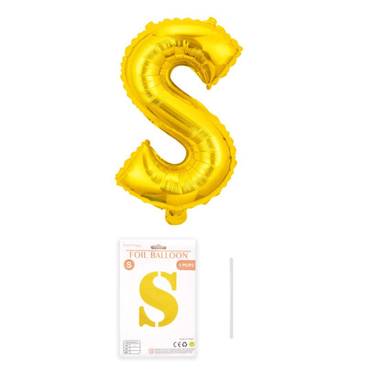 Balon din folie metalizata, Flippy, model galben, Balon aniversar, Litera S, 40 cm, Auriu-0