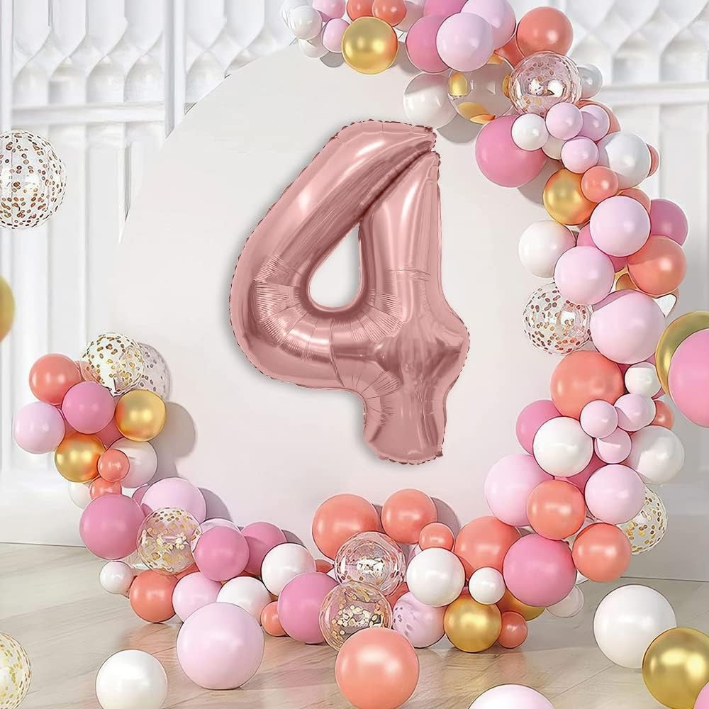 Balon din Folie Metalizata Flippy, Figurina Cifra, Tema Aniversare 100 cm, Ambalaj Individual, Pai inclus, Umflare cu Aer sau Heliu, Coral, Rose, Cifra 4-5