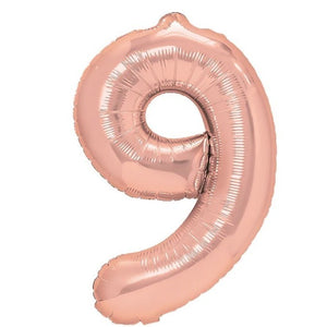 Balon din Folie Metalizata Flippy, Figurina Cifra, Tema Aniversare 100 cm, Ambalaj Individual, Pai inclus, Umflare cu Aer sau Heliu, Coral, Rose Gold, Cifra 9-0