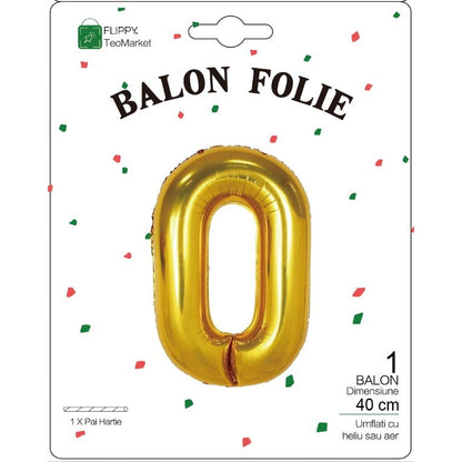 Balon Folie Metalizata Cifra 0, Flippy, 40 cm, Ambalaj Individual, Pai Inclus, Auriu-1