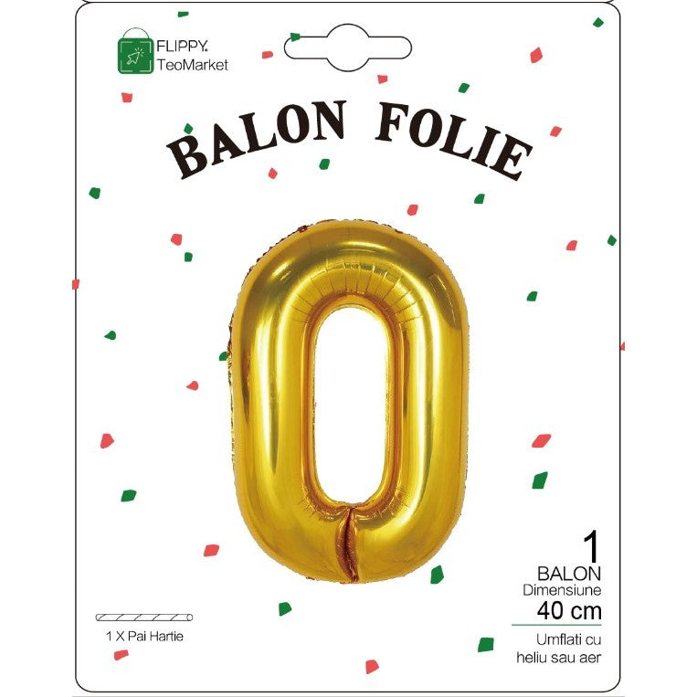 Balon Folie Metalizata Cifra 0, Flippy, 40 cm, Ambalaj Individual, Pai Inclus, Auriu-1