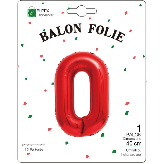 Balon Folie Metalizata Cifra 0, Flippy, 40 cm, Ambalaj Individual, Pai Inclus, Rosu-1