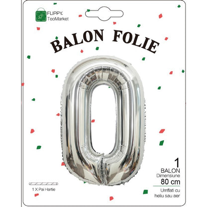 Balon Folie Metalizata Cifra 0, Flippy, 80 cm, Ambalaj Individual, Pai inclus,  Argintiu-1