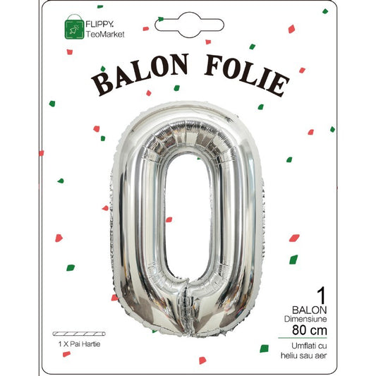 Balon Folie Metalizata Cifra 0, Flippy, 80 cm, Ambalaj Individual, Pai inclus,  Argintiu-1