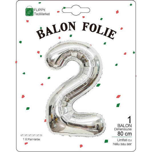Balon Folie Metalizata Cifra 2, Flippy, 80 cm, Argintiu-1