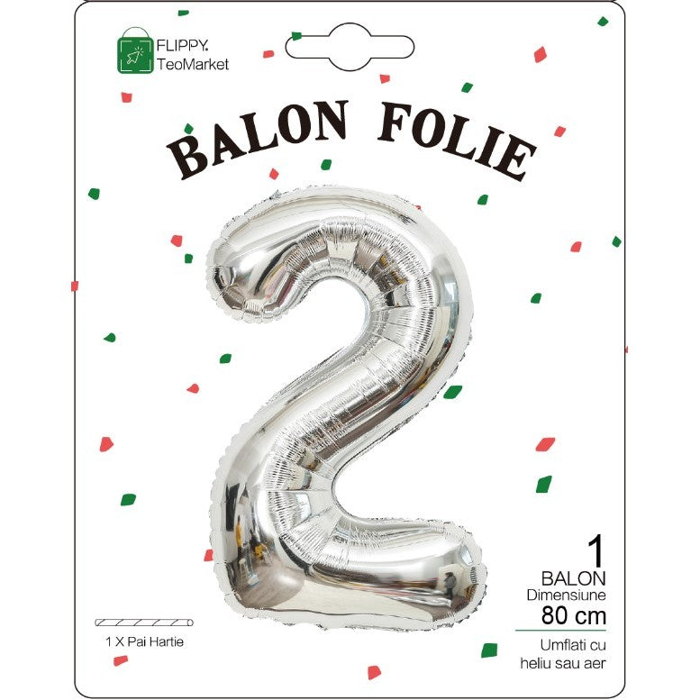 Balon Folie Metalizata Cifra 2, Flippy, 80 cm, Argintiu-1
