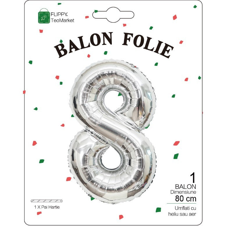 Balon Folie Metalizata Cifra 8, Flippy, 80 cm, Argintiu-1