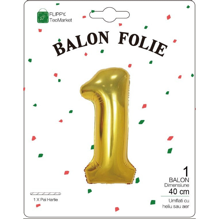 Balon Folie Metalizata Cifra 1, Flippy, 40 cm, Ambalaj Individual, Pai Inclus, Auriu-1