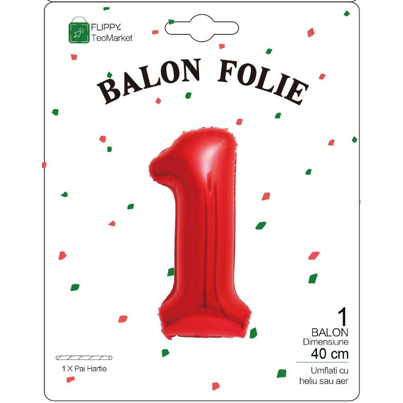 Balon Folie Metalizata Cifra 1, Flippy, 40 cm, Ambalaj Individual, Pai Inclus, Rosu-1