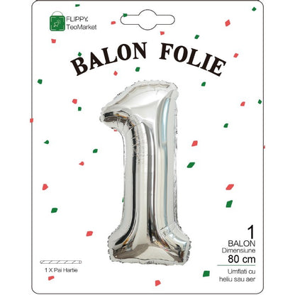 Balon Folie Metalizata Cifra 1, Flippy, 80 cm, Ambalaj Individual, Pai inclus, Argintiu-1