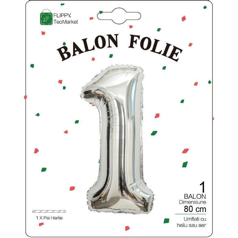 Balon Folie Metalizata Cifra 1, Flippy, 80 cm, Ambalaj Individual, Pai inclus, Argintiu-1