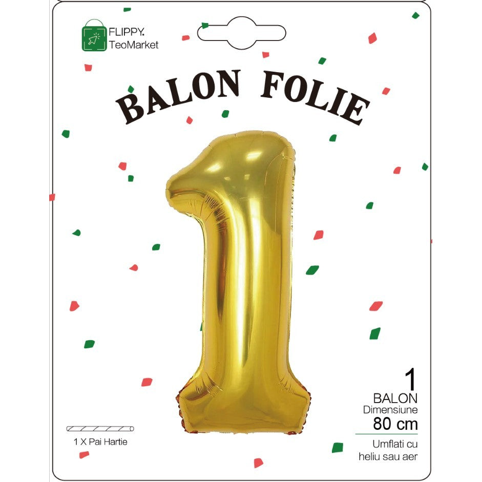 Balon Folie Metalizata Cifra 1, Flippy, 80 cm, Umflati cu Heliu sau Aer, Ambalaj Individual, Auriu-1