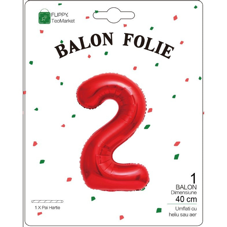 Balon Folie Metalizata Cifra 2, Flippy, 40 cm, Ambalaj Individual, Pai Inclus, Rosu-1