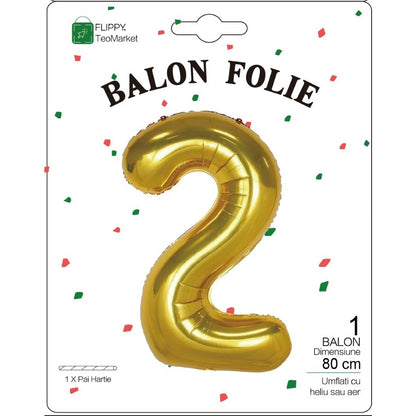 Balon Folie Metalizata Cifra 2, Flippy, 80 cm, Umflati cu Heliu sau Aer, Ambalaj Individual, Pai inclus, Auriu-1