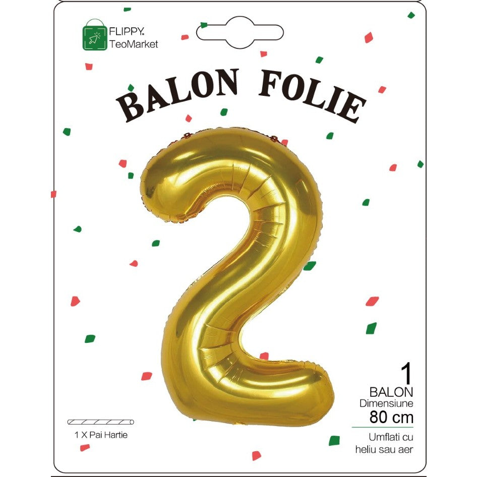 Balon Folie Metalizata Cifra 2, Flippy, 80 cm, Umflati cu Heliu sau Aer, Ambalaj Individual, Pai inclus, Auriu-1