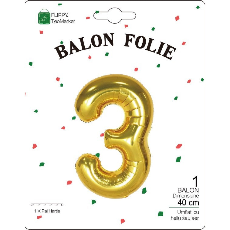 Balon Folie Metalizata Cifra 3, Flippy, 40 cm, Ambalaj Individual, Pai Inclus, Auriu-1