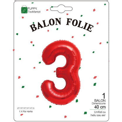 Balon Folie Metalizata Cifra 3, Flippy, 40 cm,  Ambalaj Individual, Pai Inclus, Rosu-1