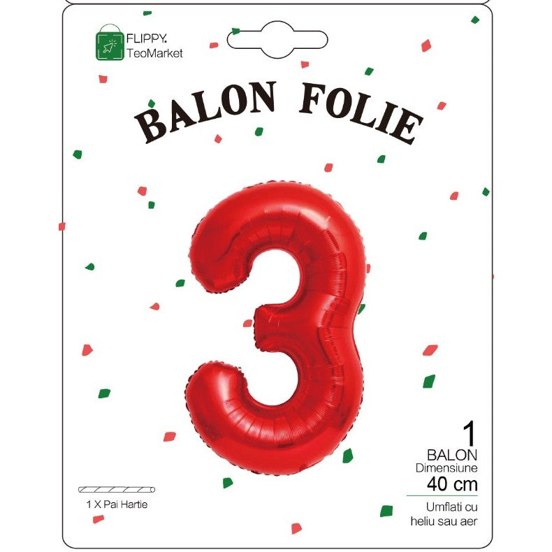 Balon Folie Metalizata Cifra 3, Flippy, 40 cm,  Ambalaj Individual, Pai Inclus, Rosu-1