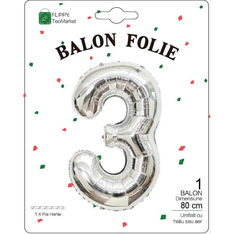 Balon Folie Metalizata Cifra 3, Flippy, 80 cm, Argintiu-1