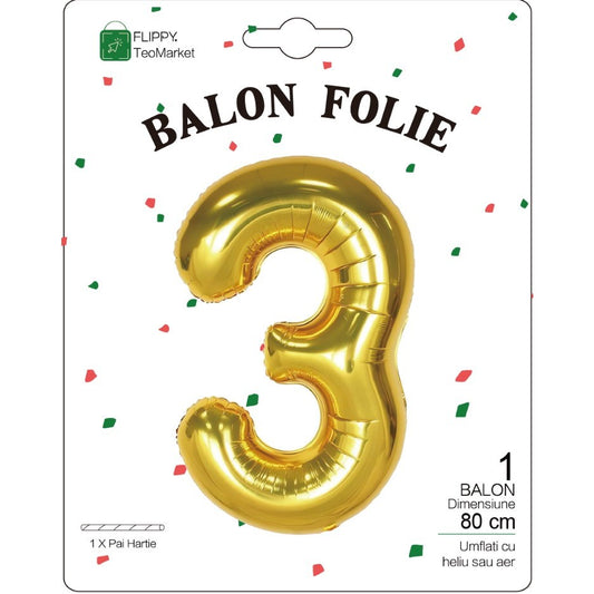 Balon Folie Metalizata Cifra 3, Flippy, 80 cm, Umflati cu Heliu sau Aer, Ambalaj Individual, Pai inclus, Auriu-1