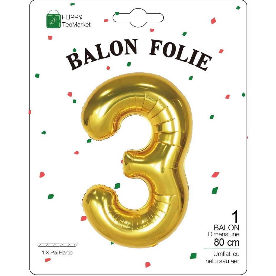 Balon Folie Metalizata Cifra 3, Flippy, 80 cm, Umflati cu Heliu sau Aer, Ambalaj Individual, Pai inclus, Auriu-1