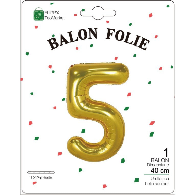 Balon Folie Metalizata Cifra 5, Flippy, 40 cm, Ambalaj Individual, Pai Inclus, Auriu-1