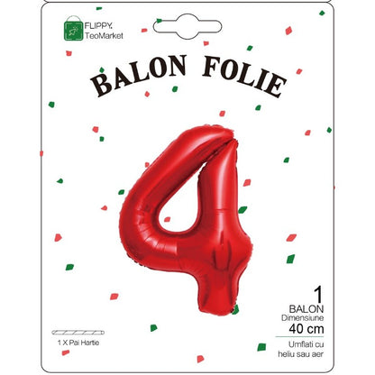 Balon Folie Metalizata Cifra 4, Flippy, 40 cm,  Ambalaj Individual, Pai Inclus, Rosu-1