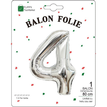 Balon Folie Metalizata Cifra 4, Flippy, 80 cm, Argintiu-1