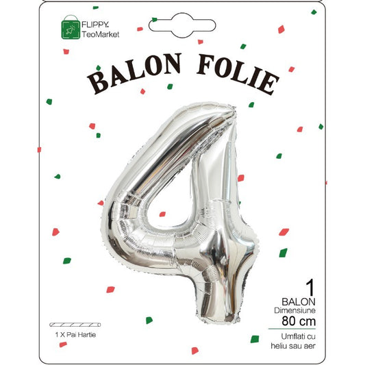 Balon Folie Metalizata Cifra 4, Flippy, 80 cm, Argintiu-1