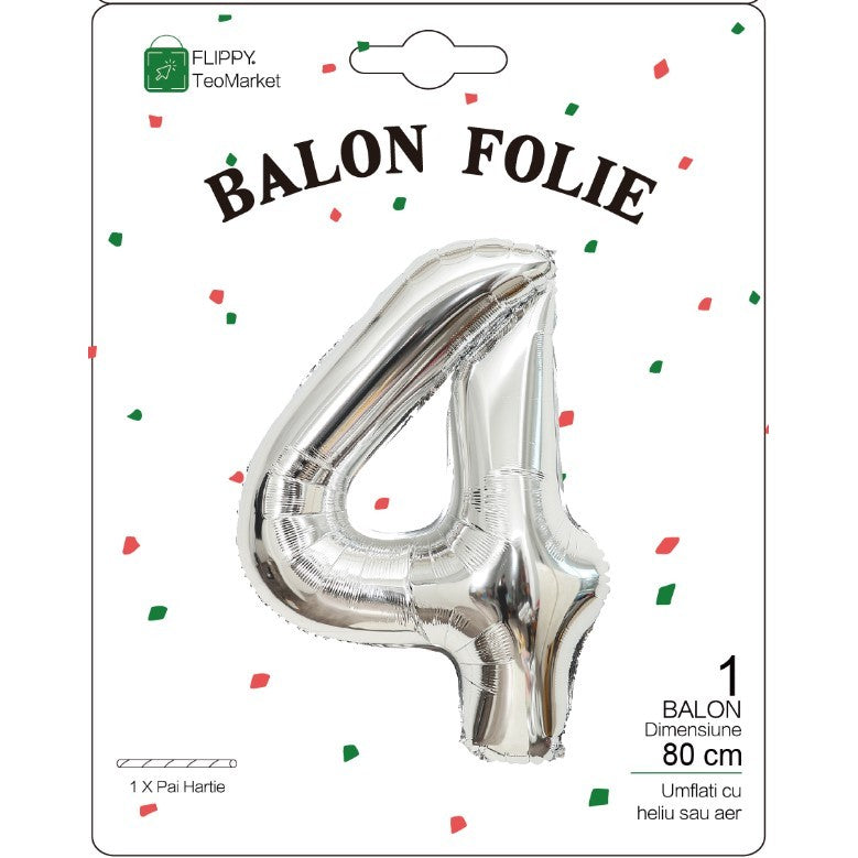 Balon Folie Metalizata Cifra 4, Flippy, 80 cm, Argintiu-1