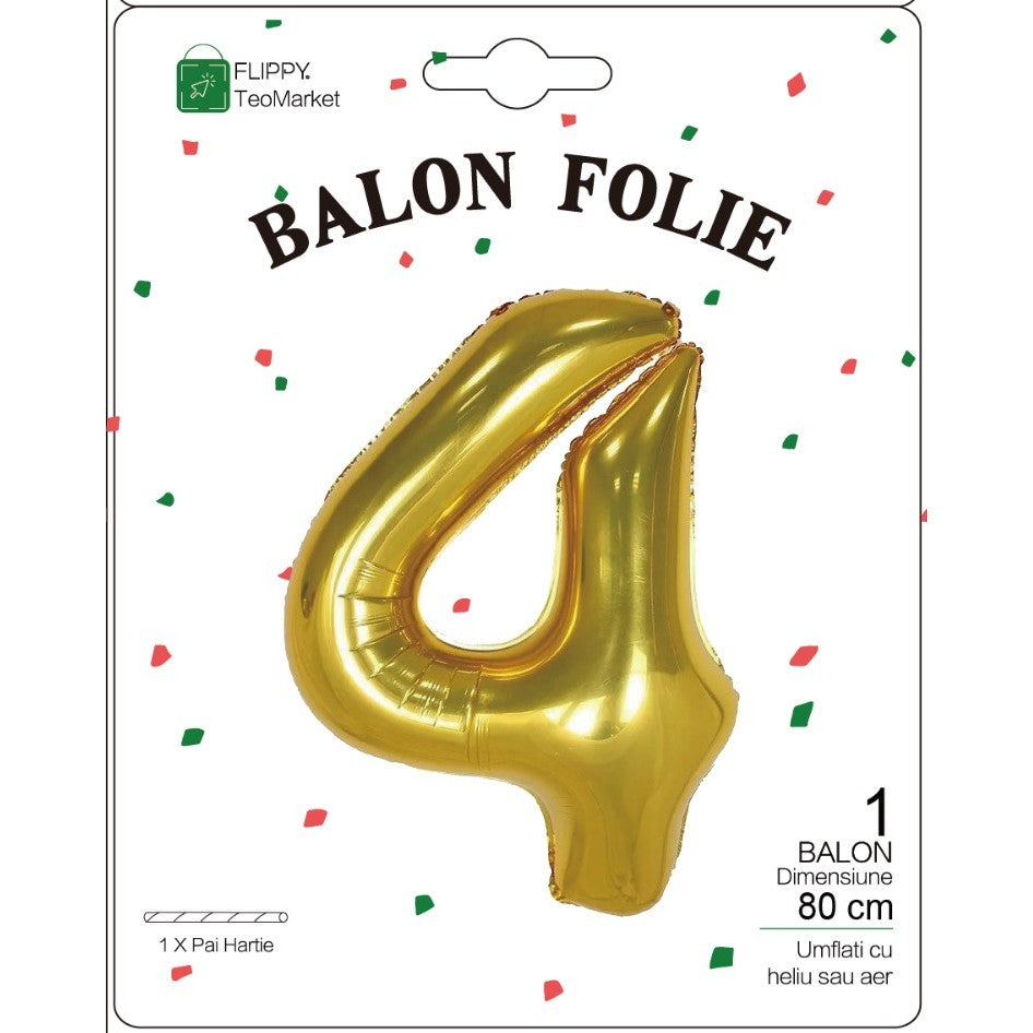 Balon Folie Metalizata Cifra 4, Flippy, 80 cm, Umflati cu Heliu sau Aer, Ambalaj Individual, Pai inclus, Auriu-1