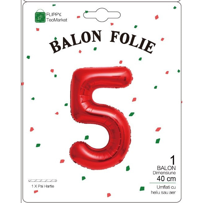 Balon Folie Metalizata Cifra 5, Flippy, 40 cm,  Ambalaj Individual, Pai Inclus, Rosu-1