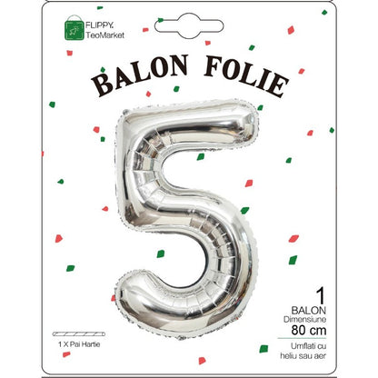Balon Folie Metalizata Cifra 5, Flippy, 80 cm, Argintiu-1