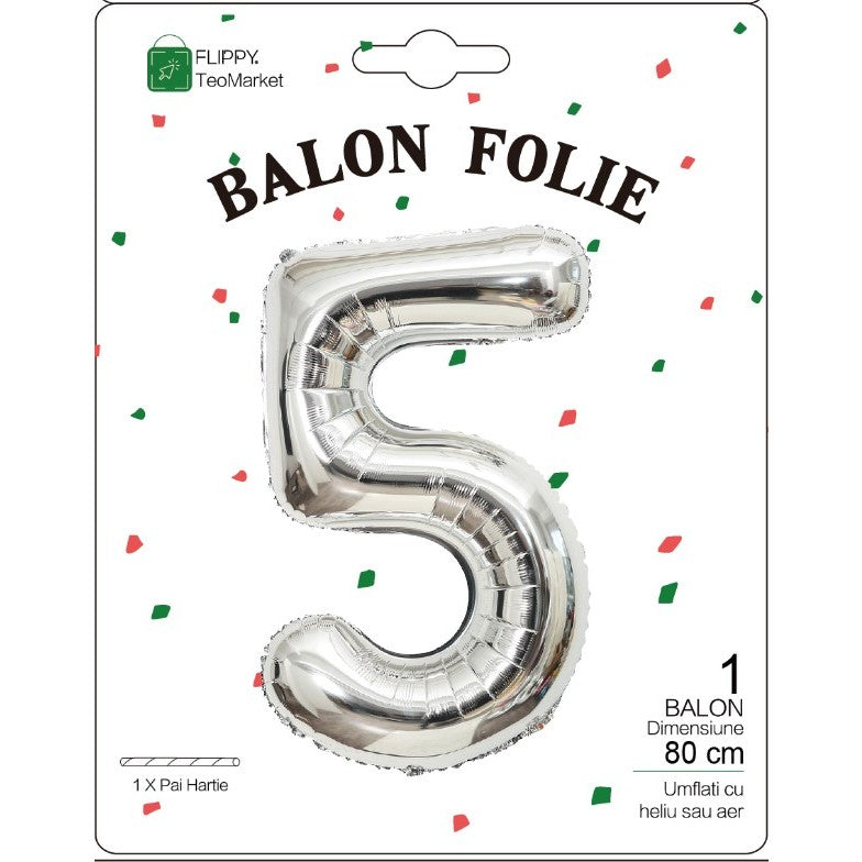 Balon Folie Metalizata Cifra 5, Flippy, 80 cm, Argintiu-1