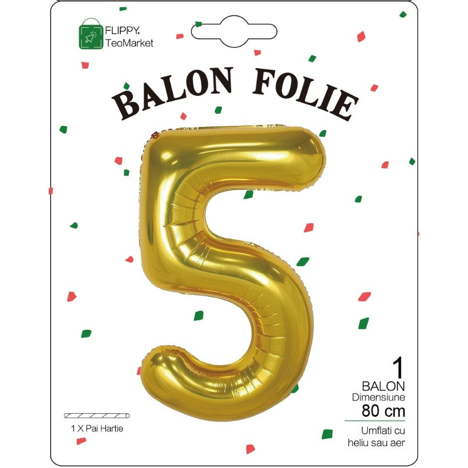 Balon Folie Metalizata Cifra 5, Flippy, 80 cm, Umflati cu Heliu sau Aer,Ambalaj Individual, Pai inclus, Auriu-1