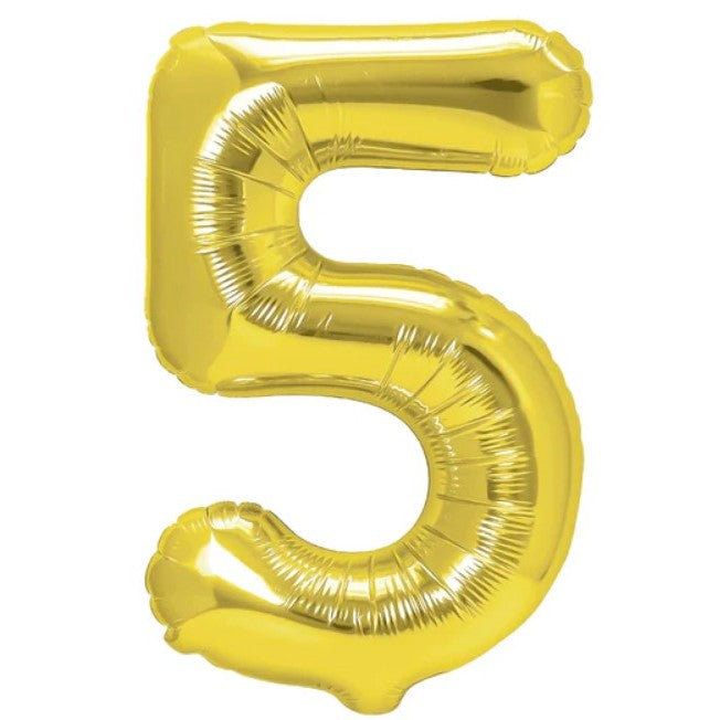 Balon Folie Metalizata Cifra 5, Flippy, 80 cm, Umflati cu Heliu sau Aer,Ambalaj Individual, Pai inclus, Auriu-0