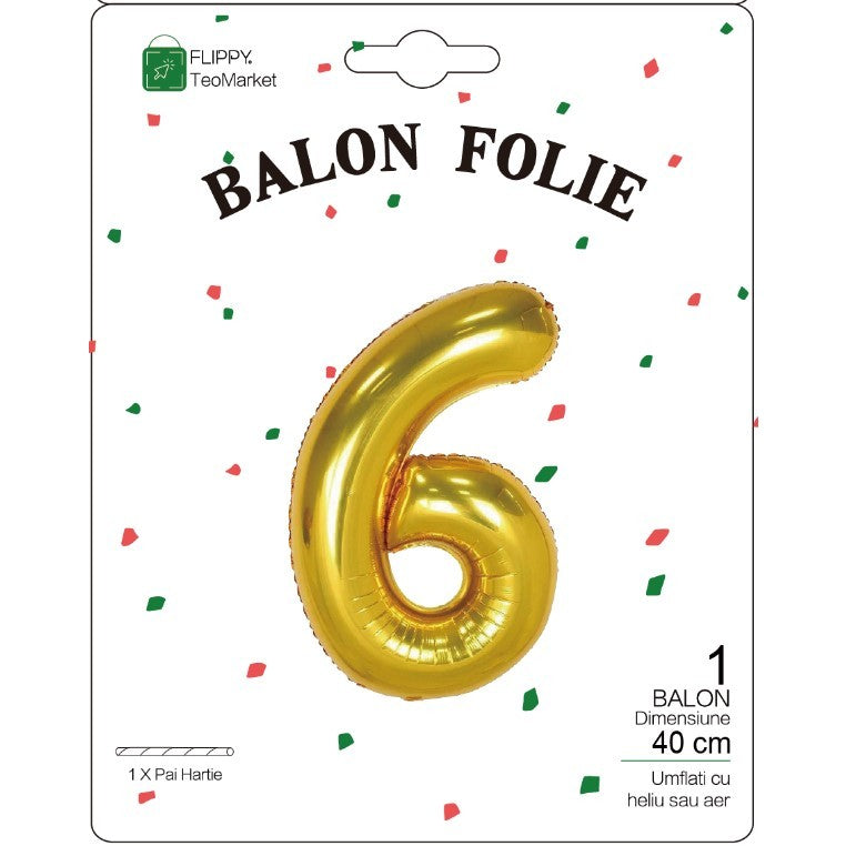 Balon Folie Metalizata Cifra 6, Flippy, 40 cm, Ambalaj Individual, Pai Inclus, Auriu-1