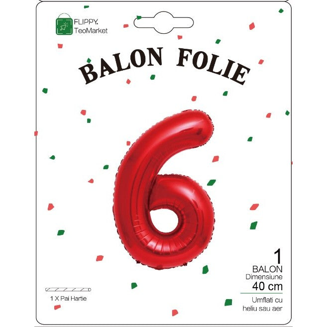 Balon Folie Metalizata Cifra 6, Flippy, 40 cm,  Ambalaj Individual, Pai Inclus, Rosu-1