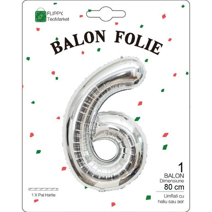 Balon Folie Metalizata Cifra 6, Flippy, 80 cm, Argintiu-1